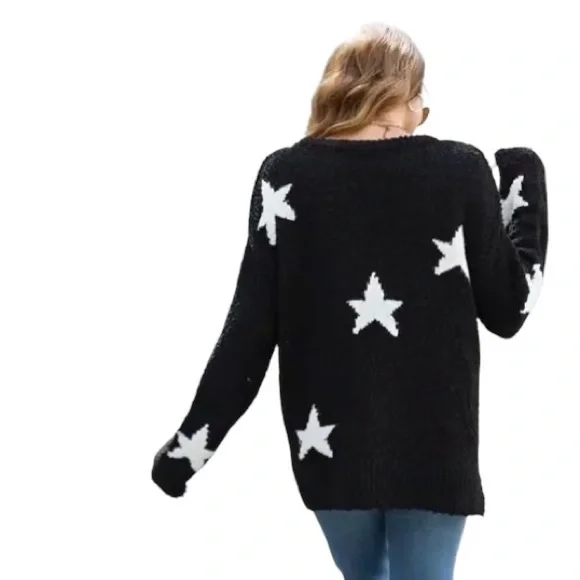 Amazon Earth Black Star Pullover Side Slit Casual Long Sleeve Sweater - Picture 6 of 11
